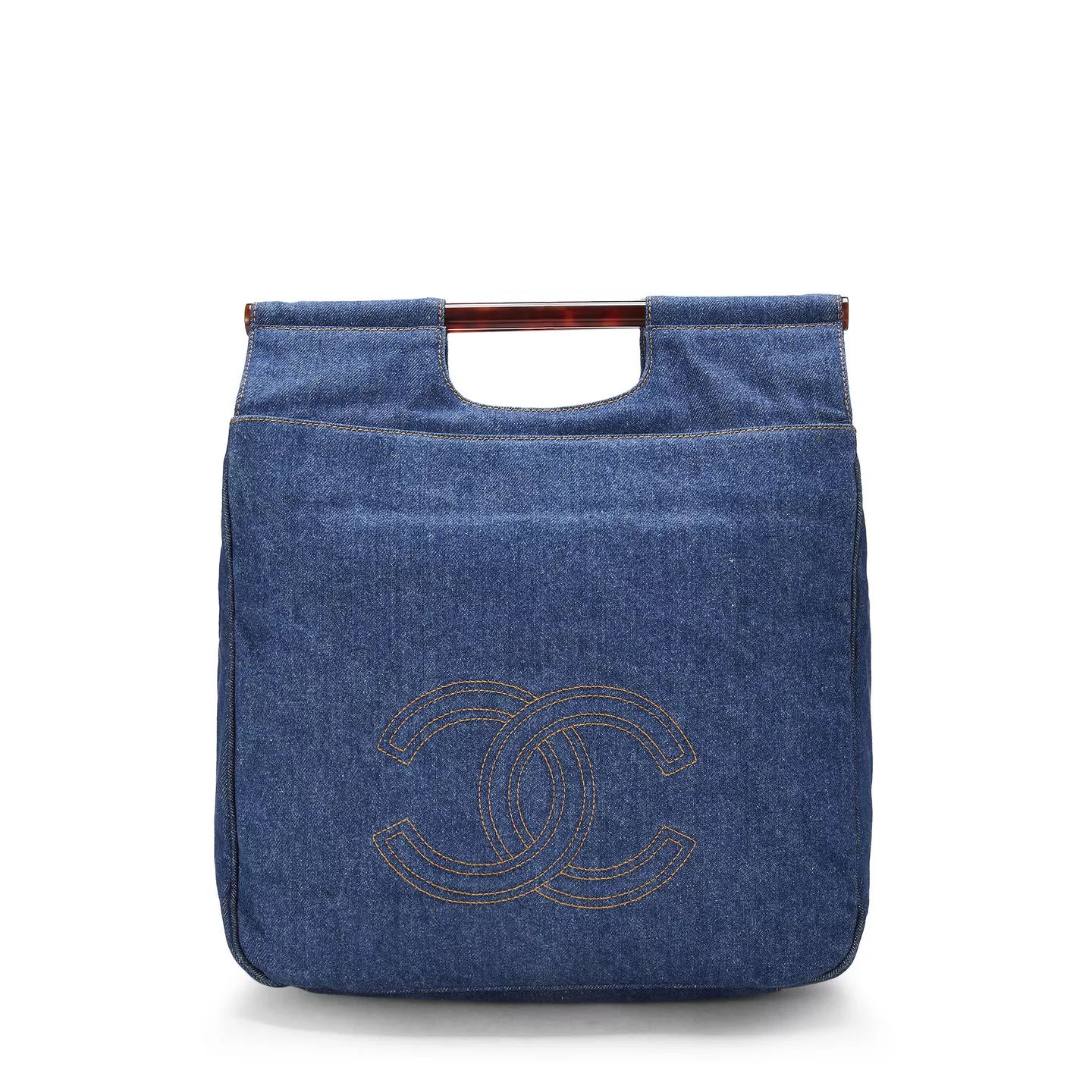 chanel blue denim top handle bag